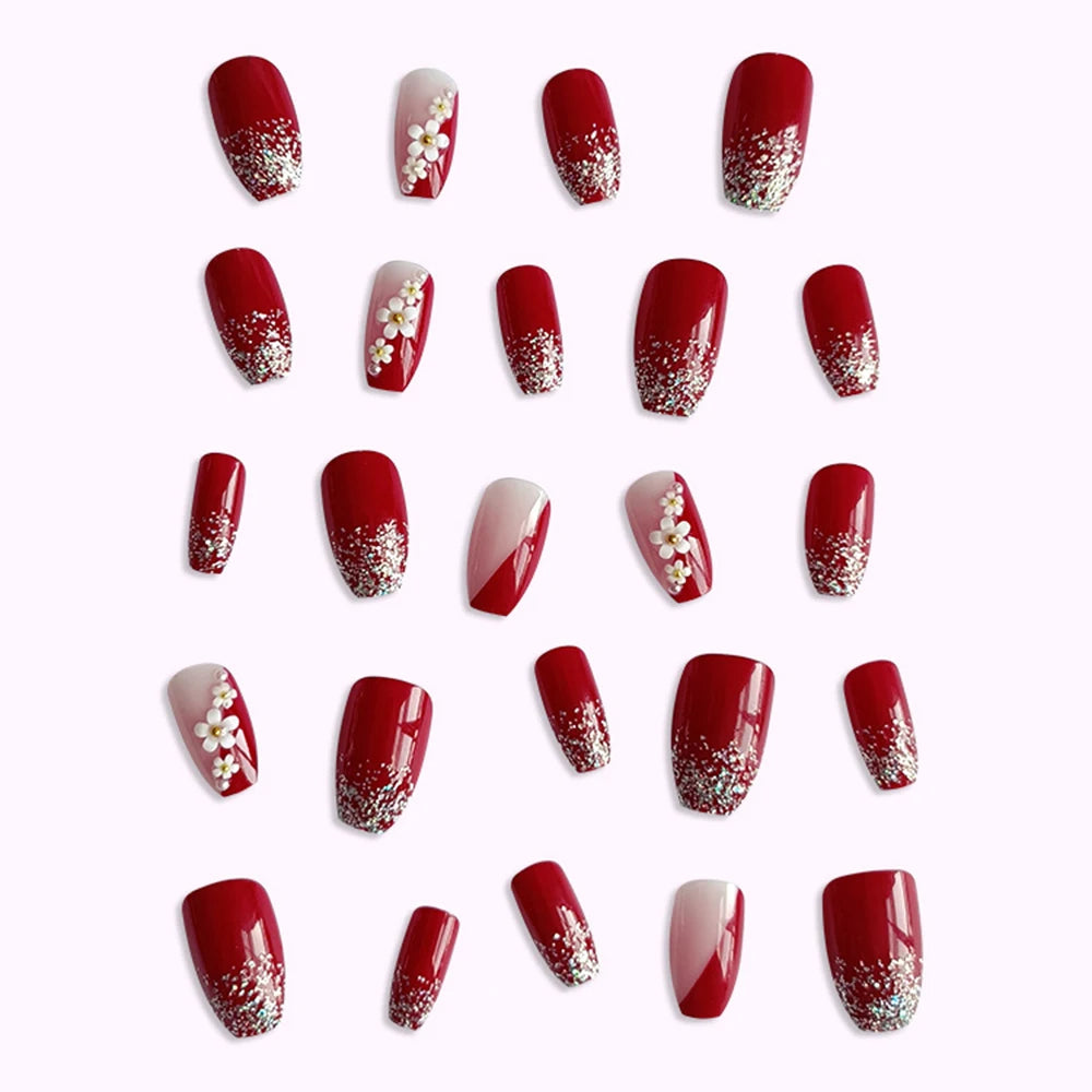 24pcs Glossy Red Press on Nails with White flowers Decor Coffin Head Fake Nails Full Cover Wearable Sweet Korean False Nails Peaceful Pleasures Health and Wellness