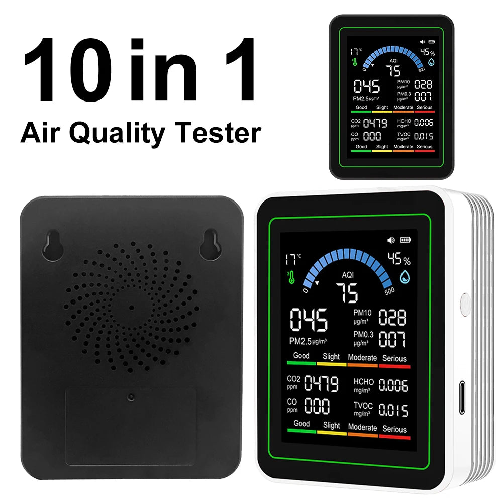 10-in-1 Air Quality Monitor | CO2, AQI, TVOC, Temp & Humidity