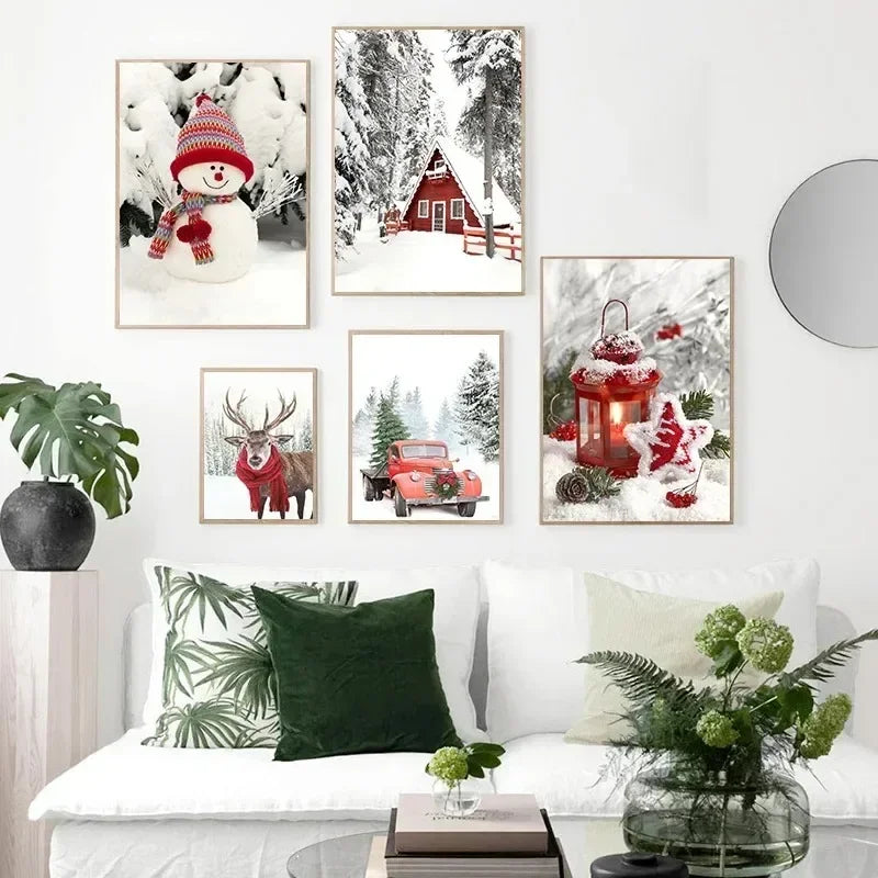 Christmas Snowman & Moose Canvas Wall Art | Winter Decor Print