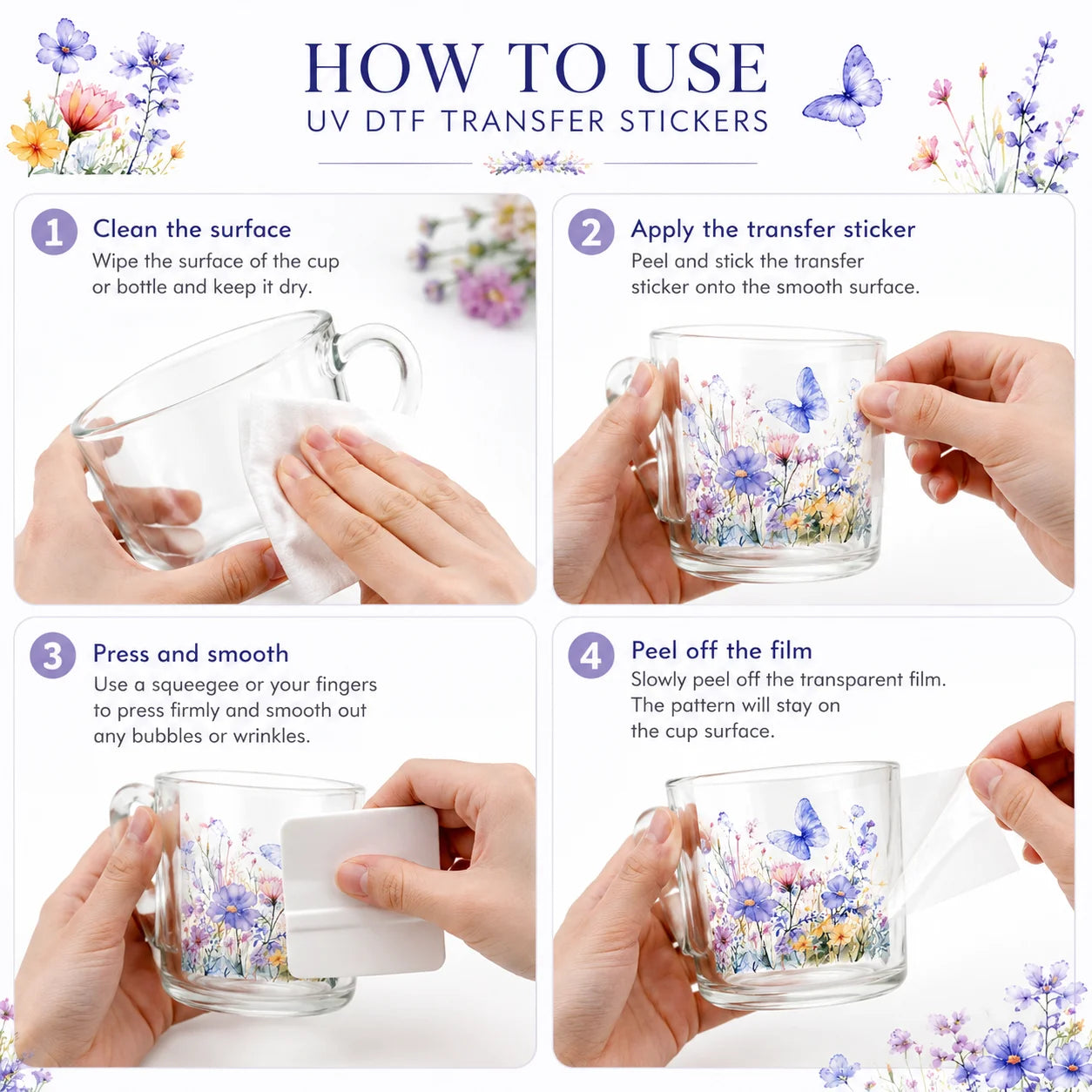 UV DTF Butterfly Flower Sticker | Waterproof Rub-On Cup Decal