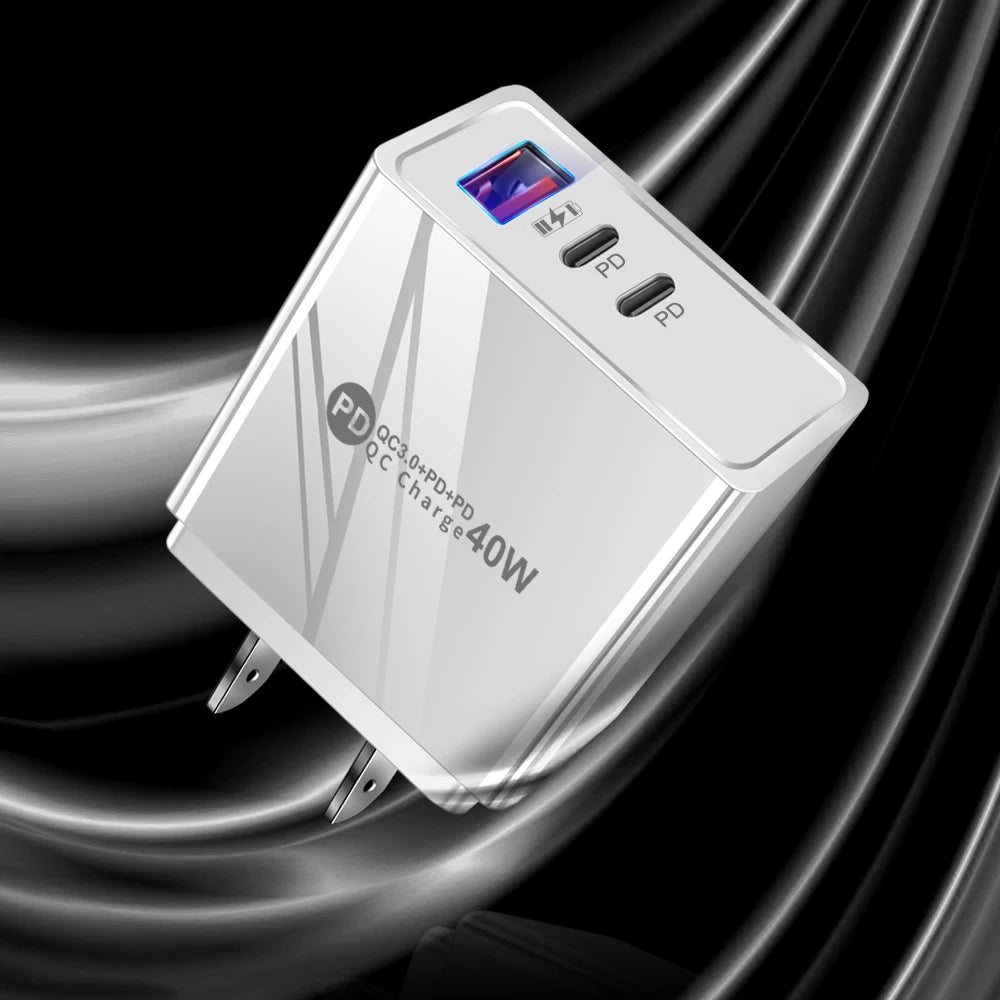 40W 3-Port Fast Charger QC3.0 & Dual PD USB-C Wall Adapter