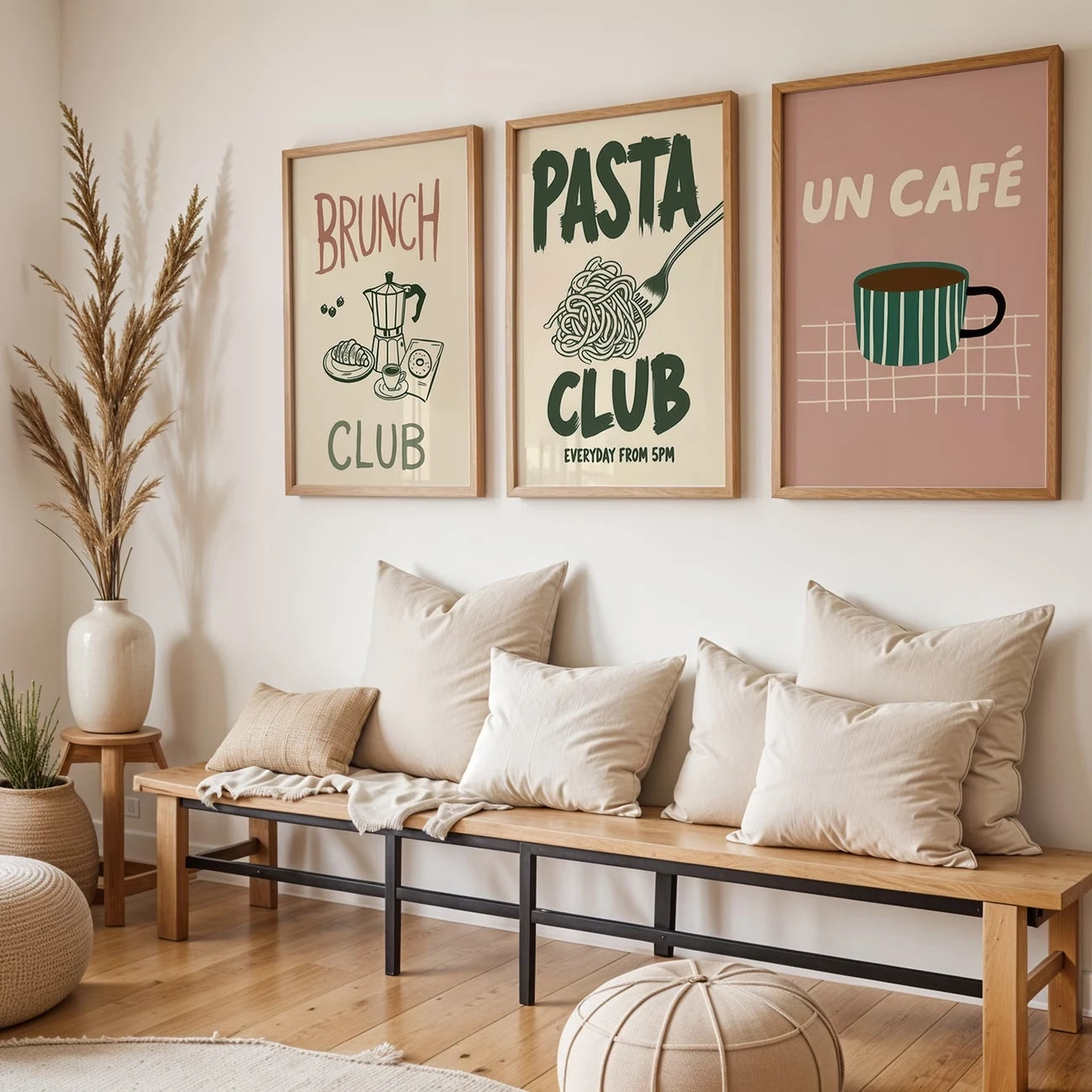 3pcsModern Pasta Club, Coffee, Green And Pink Wall Art Print Canvas Painting Poster Picture For Living Room,Bedroom Home Decor Peaceful Pleasures Health and Wellness