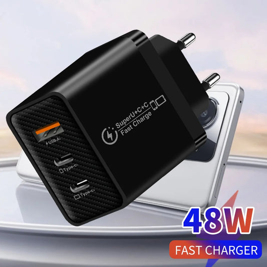 48W 3-Port USB-C Fast Charger PD QC 3.0 | EU US UK Plug