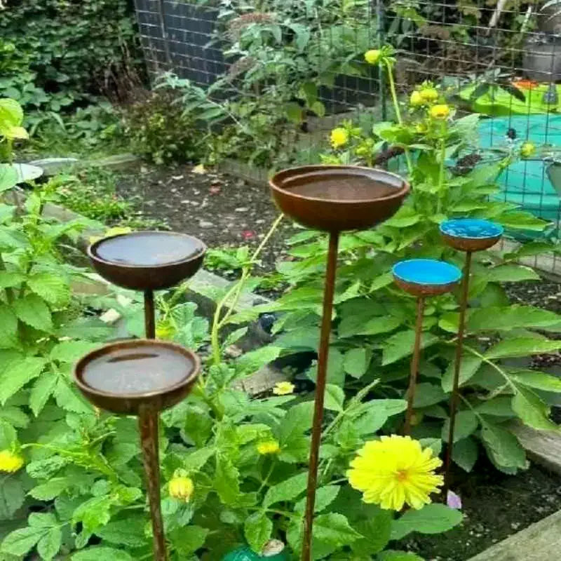 Rustic Metal Rain Catcher Garden Stakes Set of 3 | Yard Decor