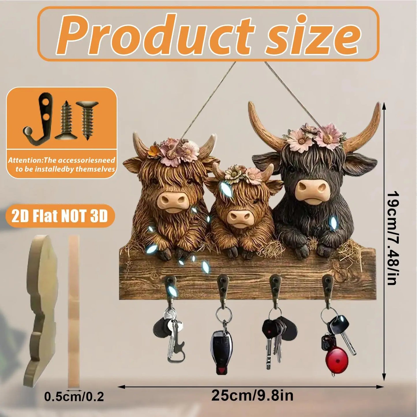 Key Hanger Decorative 4 Hooks Cow Design Hanger Rustic Decorative Key Rack Wall Mount For Hat Coat Bag Backpack Purse Home Peaceful Pleasures Health and Wellness