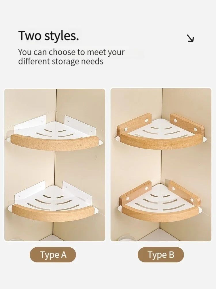 Wood & Aluminum Corner Shower Shelf | Bathroom Wall Organizer
