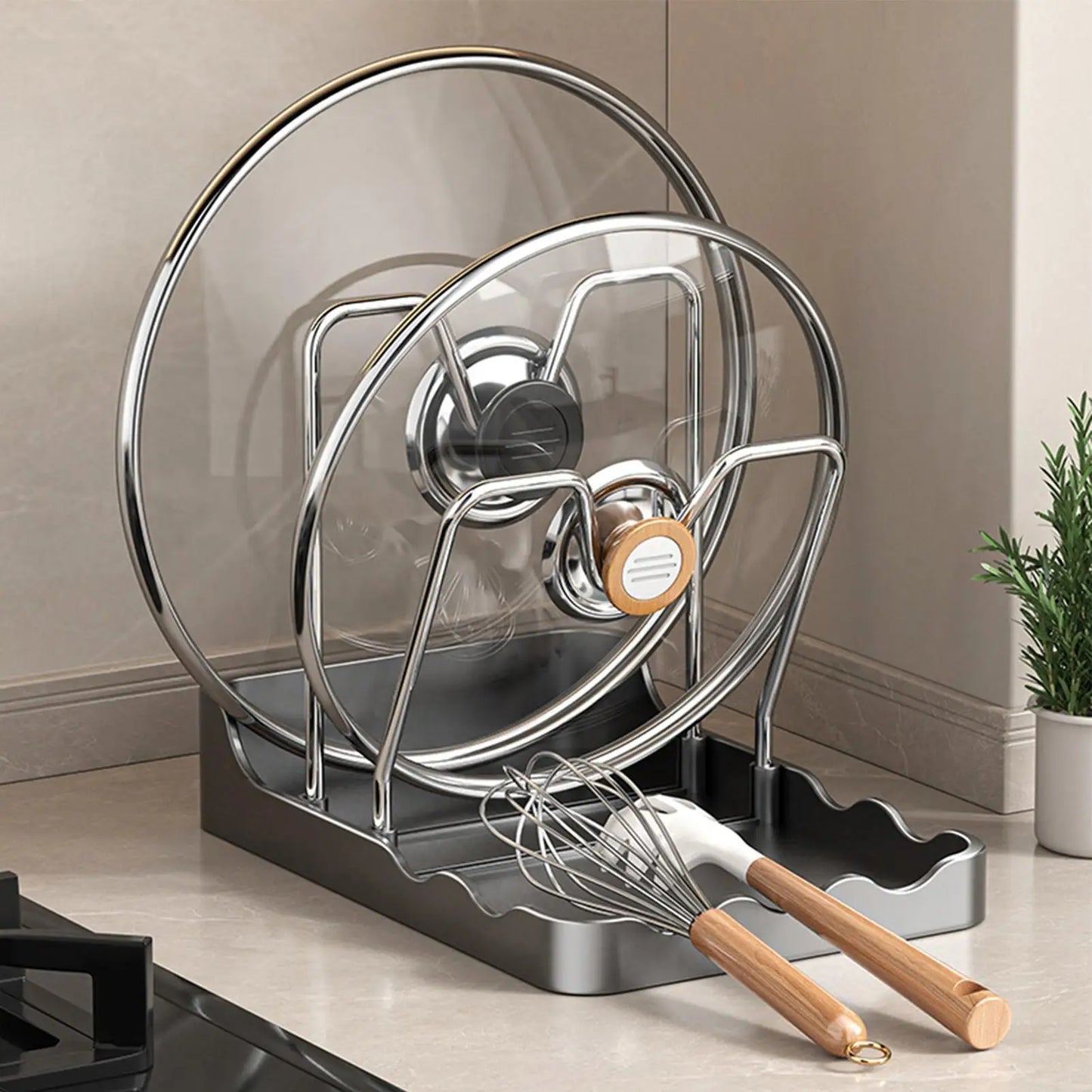 Double-Layer Pot Lid Organizer Rack with Drip Tray – Kitchen Storage