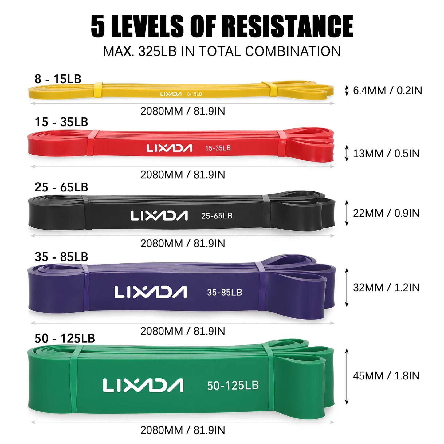 Lixada Powerlifting Workout Exercise Stretch Bands Carry Bag 5 Packs