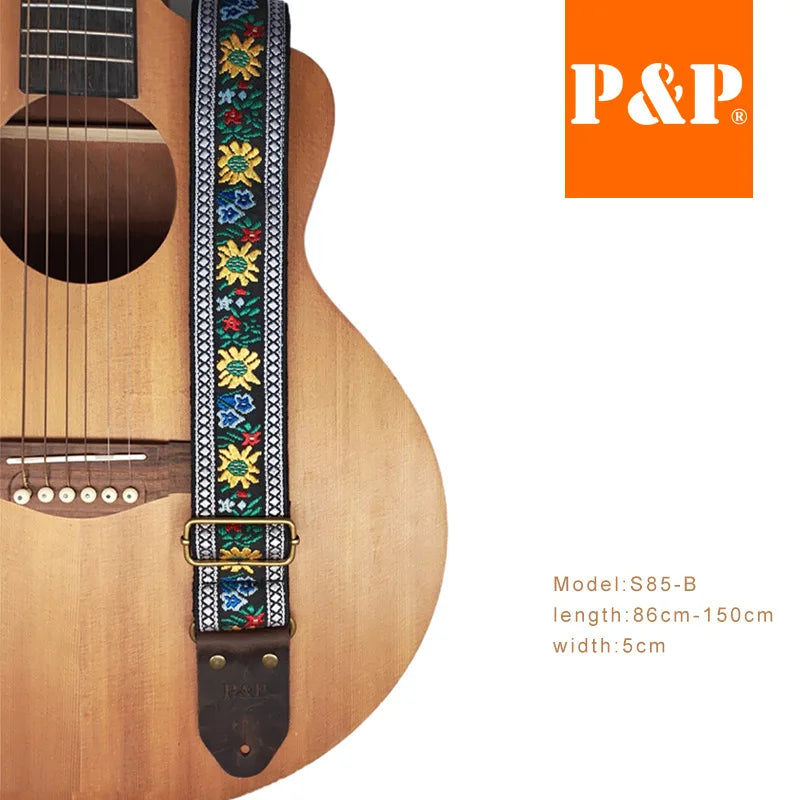 PP Guitar Strap S85 Series Ethnic Jacquard Embroidery Leather Brown