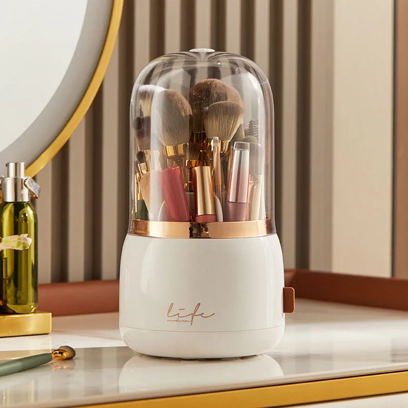 Makeup brush holder storage device with 360 degree rotation, dustproof makeup brush container, transparent acrylic cover, rotati Peaceful Pleasures Health and Wellness white