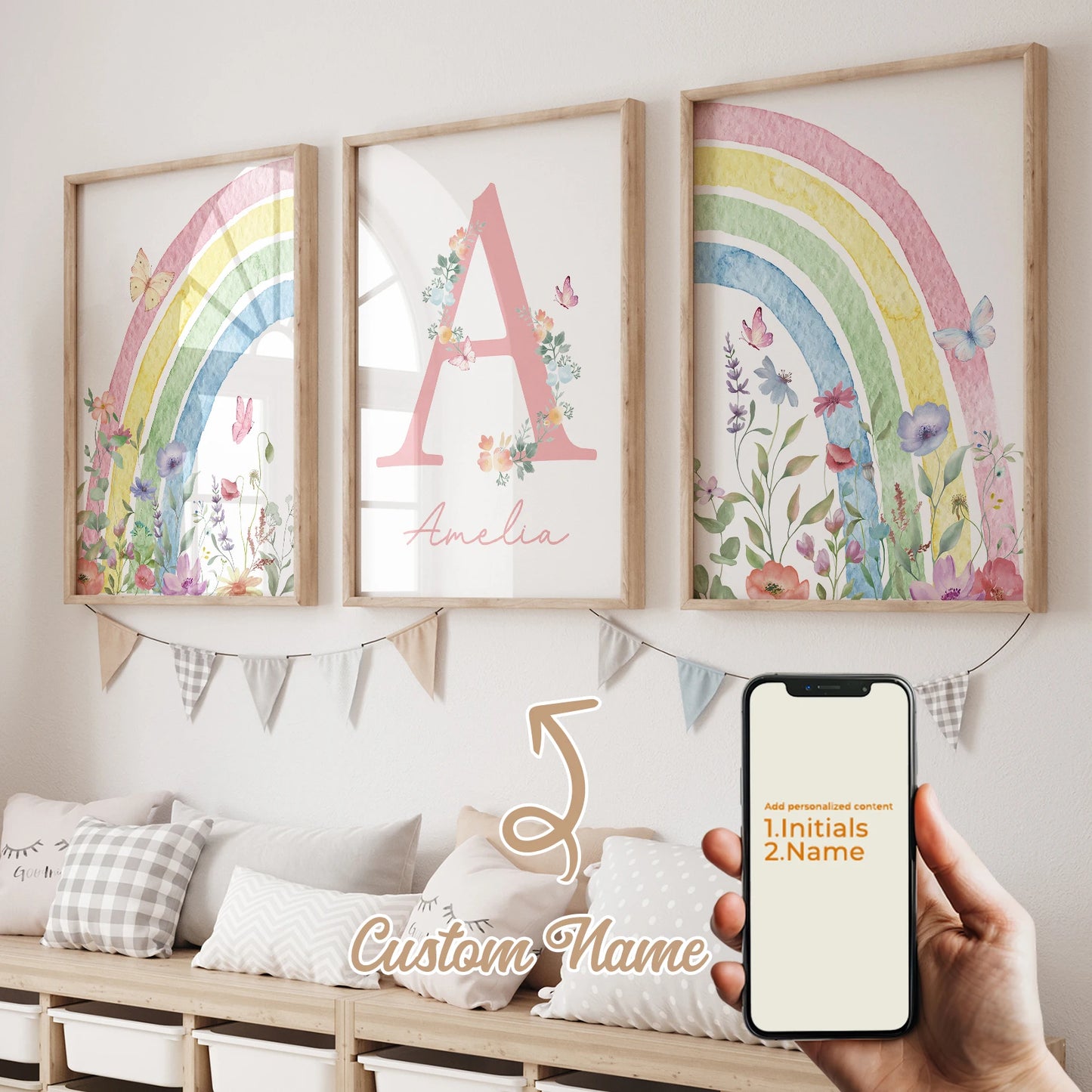 3-Piece Personalized Name Flower Rainbow Canvas Wall Art