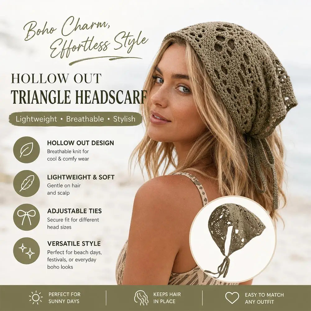French Hollow Triangle Headband Towel For Women Beige Crochet Headbands Bandana Summer Travel Literary Photo Hair Scarf Bands Peaceful Pleasures Health and Wellness