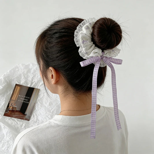Sweet Lace Bows Scrunchie Long Ribbon Hair Rope Cute Donut Hair Band Fashion Female Hair Accessories Elegant Headdress Fashion Peaceful Pleasures Health and Wellness