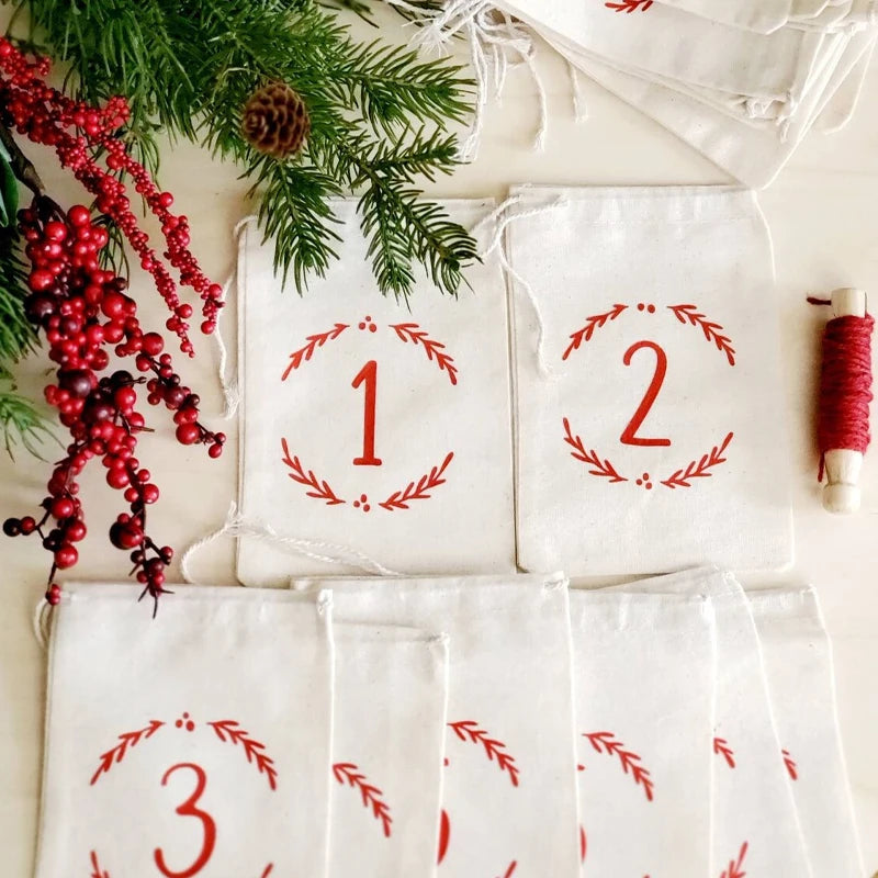 24-Piece Advent Calendar Drawstring Bags | Farmhouse Christmas Advent Calendar Bags Peaceful Pleasures Health and Wellness