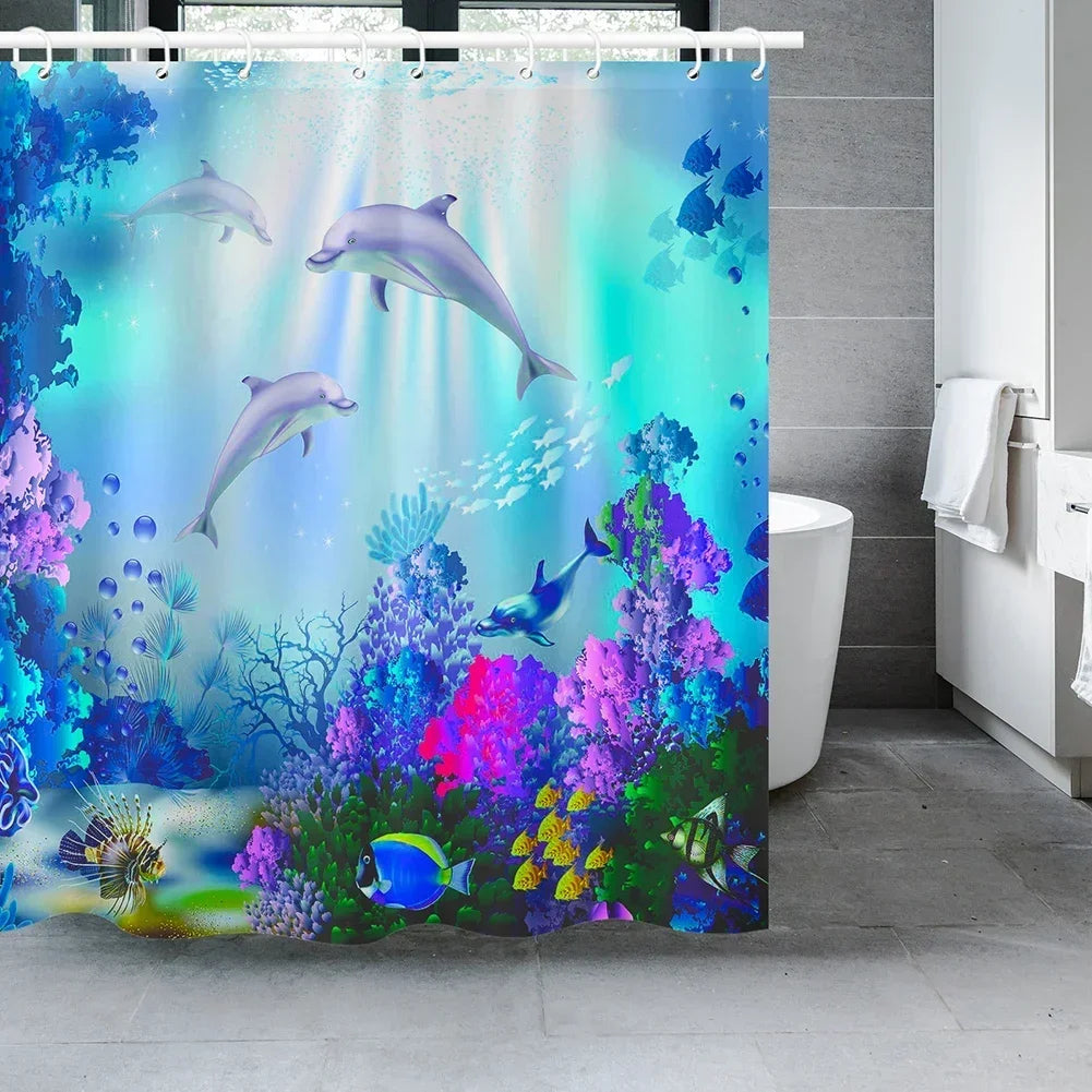 Ocean Underwater World Shower Curtains Set Dolphin Animal Cheerful Marine Life Scenery Polyester Fabric For Kids Bathroom Decor Peaceful Pleasures Health and Wellness D W180xH200cm