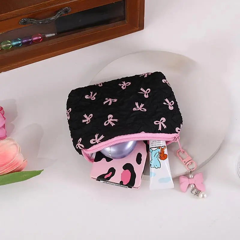 Cute Bow Fabric Makeup Bag, For Women Cosmetic Pouch, Portable Lipstick Earphone Travel Organizer Small Clutch Purse Peaceful Pleasures Health and Wellness