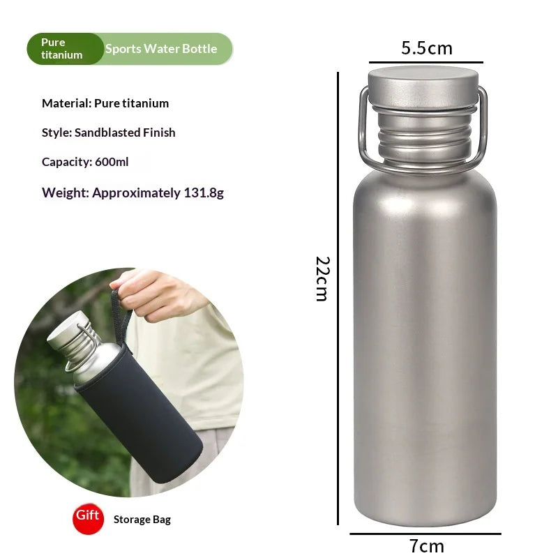 500/600/750ML Titanium Water Bottle Outdoor Camping Supplies Tourism Sports Cycling Hiking Camping Water Bottle with Cup Sleeve Peaceful Pleasures Health and Wellness Silver 600ML