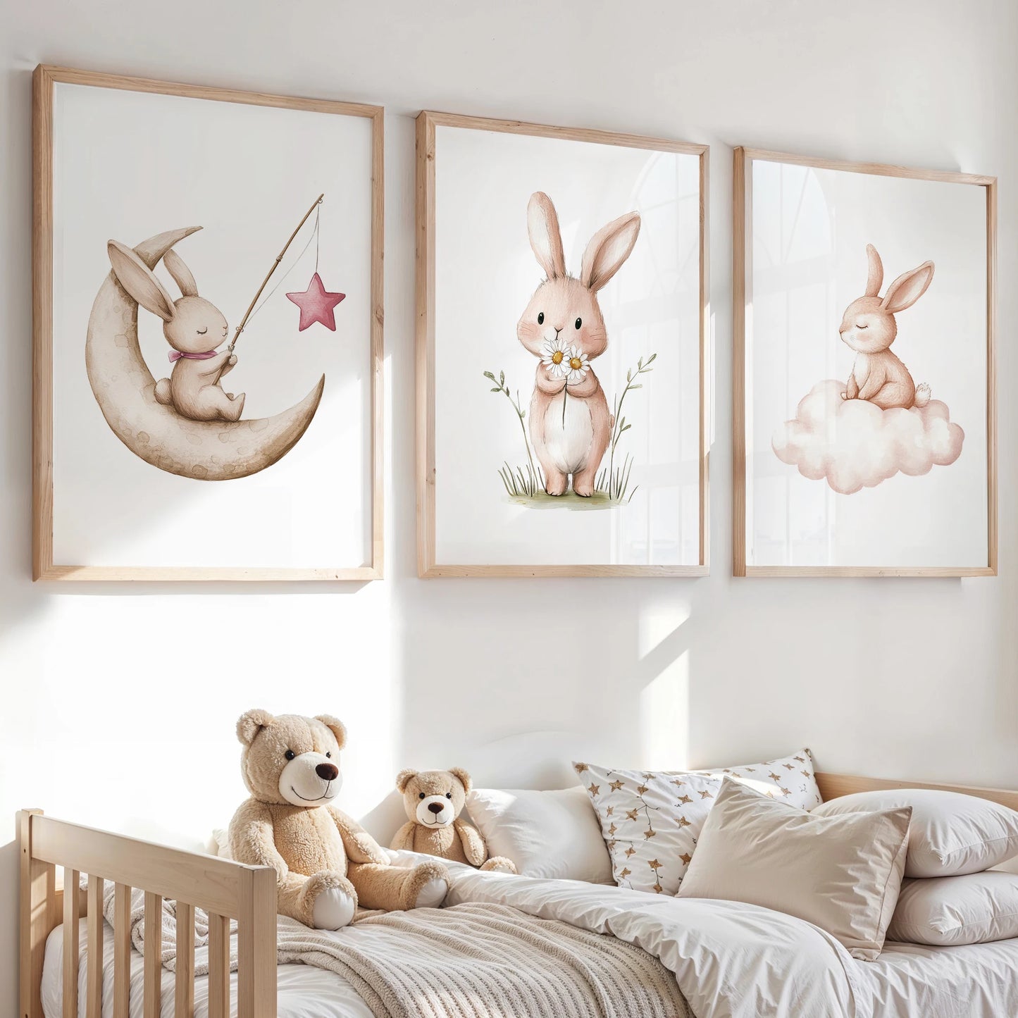 3-Piece Cartoon Rabbit Moon Canvas Wall Art | Kids Room Décor