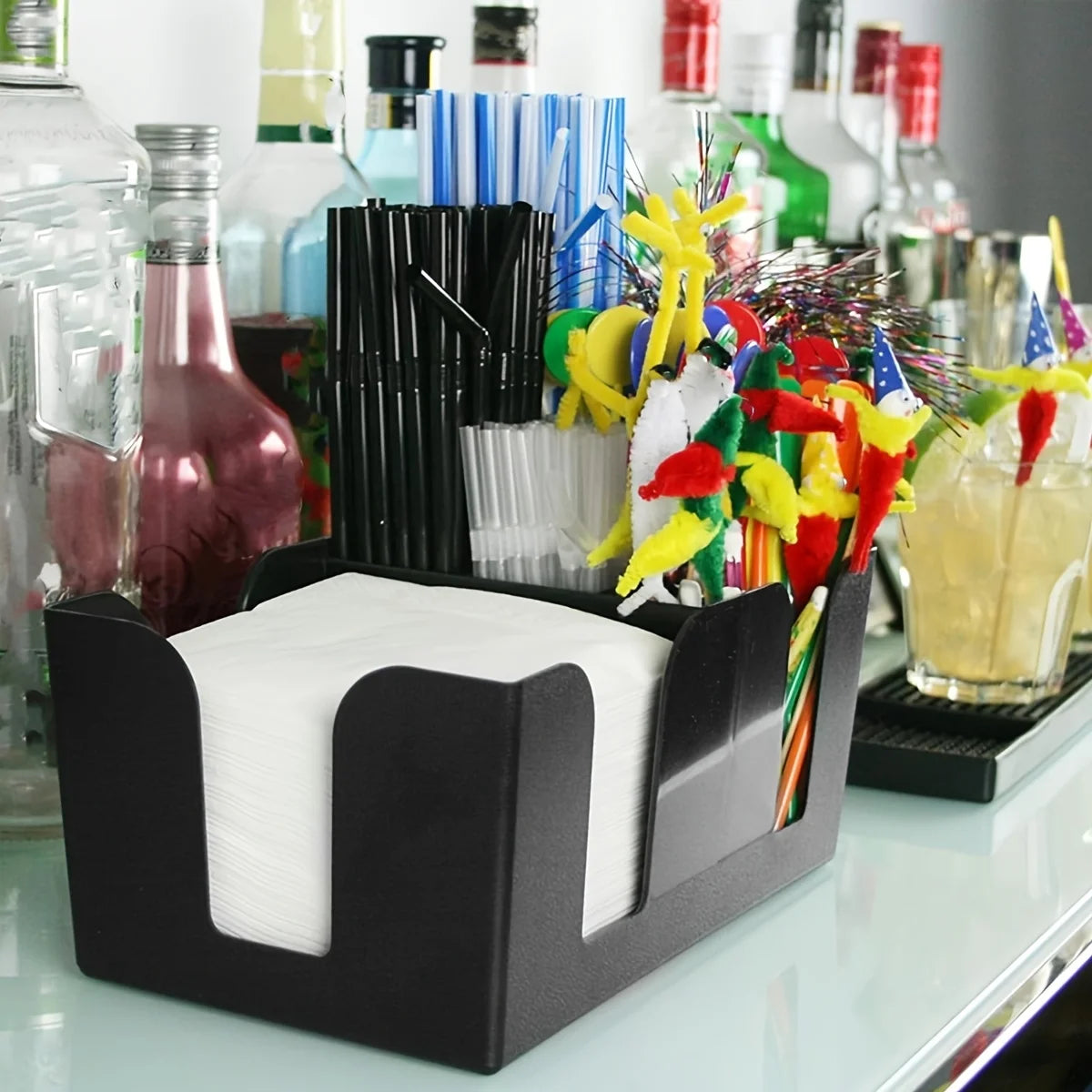 Bar Caddy with 6 Compartments, Barware Caddy, Napkin Dispenser, Plastic Bar Organizer, Heavy Duty Refillable Bar Organizer Peaceful Pleasures Health and Wellness