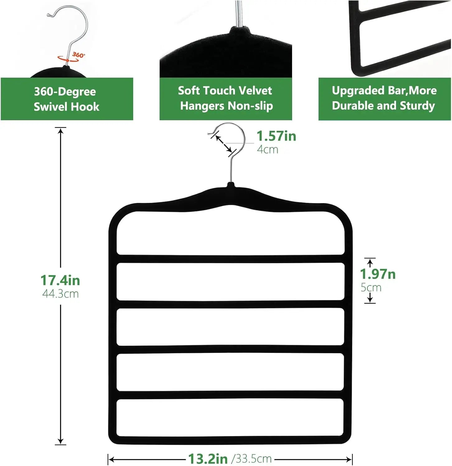 Black hanger with measurements and feature text on a white background