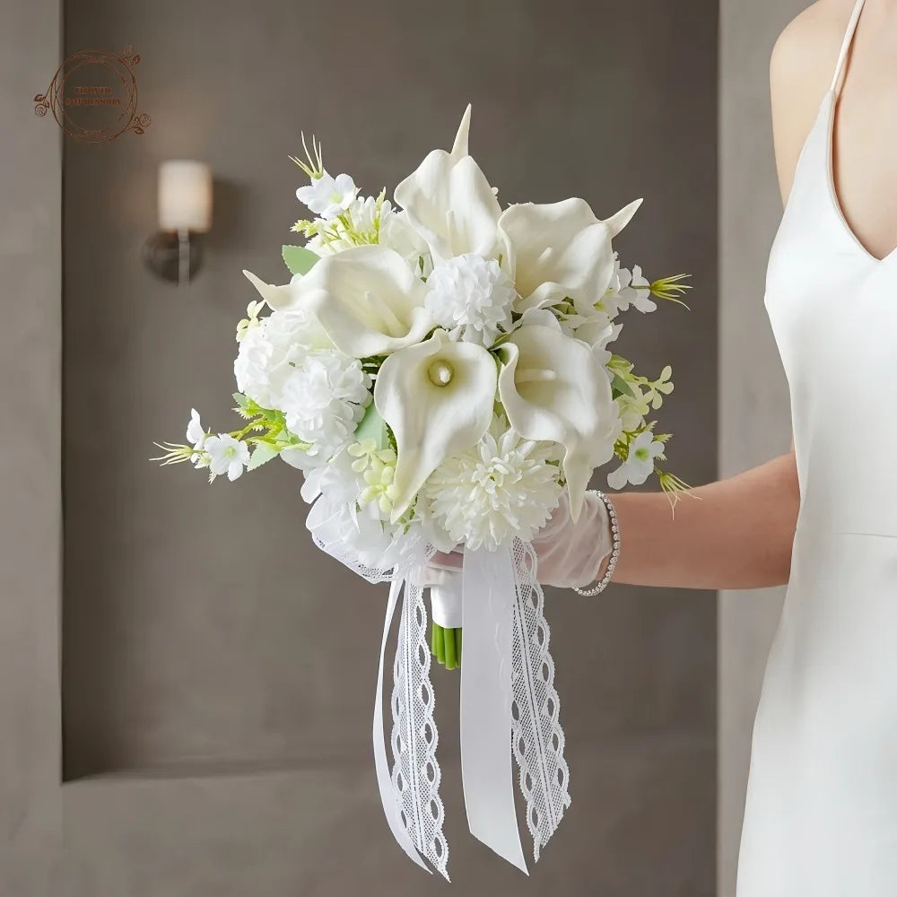 White Calla Lily Hydrangea Bridal Bouquet | Lace Ribbon