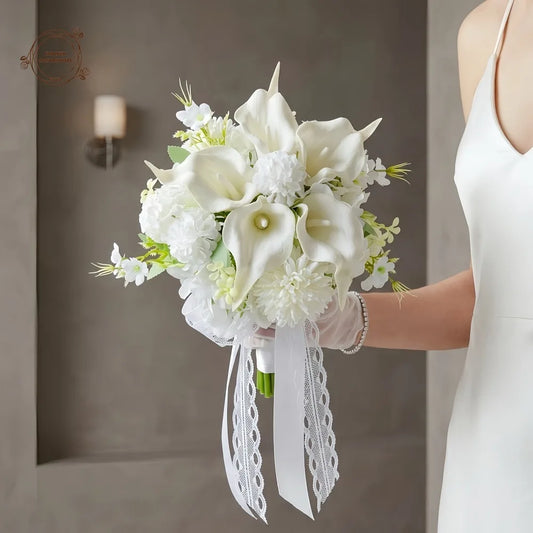 White Calla Lily Hydrangea Bridal Bouquet | Lace Ribbon