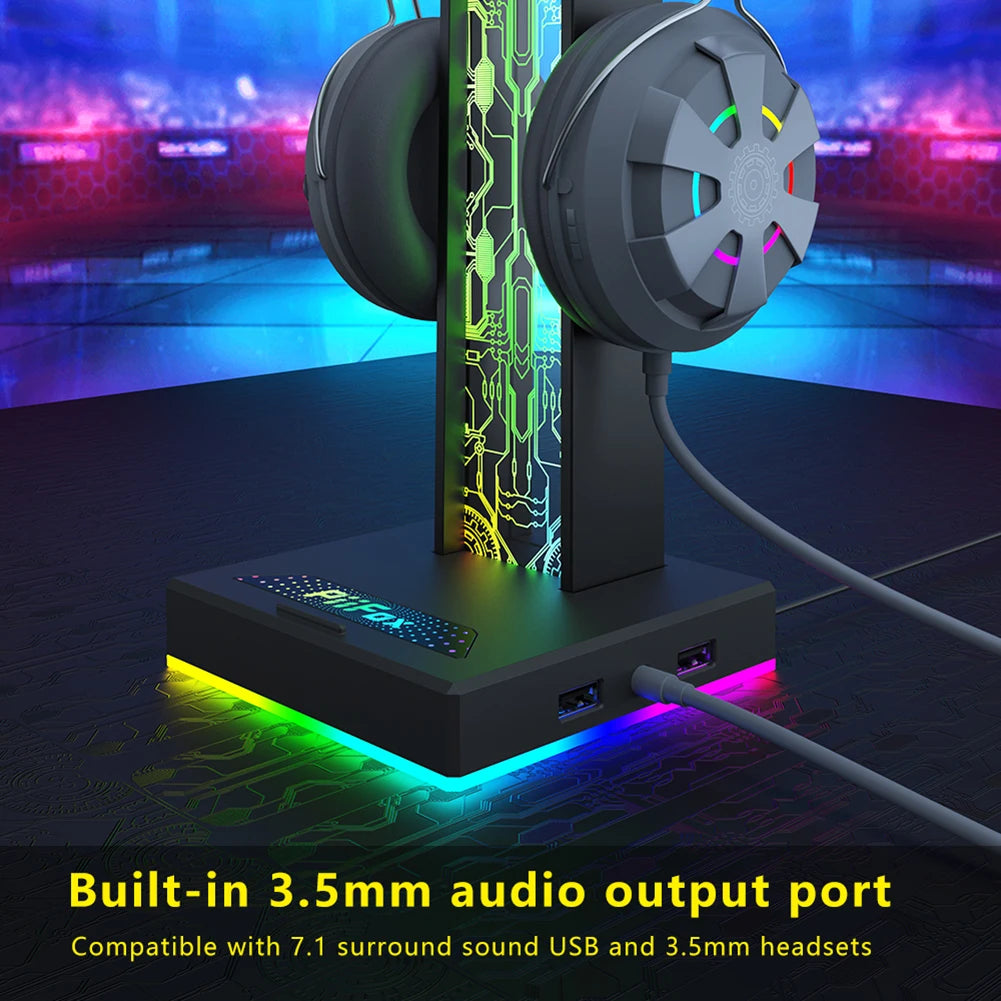 RGB Gaming Headphone Stand 10 Lighting Modes Computer Headset Stand with USB Ports Headphone Holder for Gaming PC Accessories Peaceful Pleasures Health and Wellness