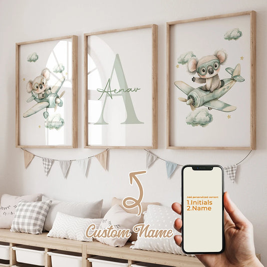 Personalized Koala Canvas Wall Art | 3-Piece Kids Room Décor Canvas Wall Art Set Peaceful Pleasures Health and Wellness