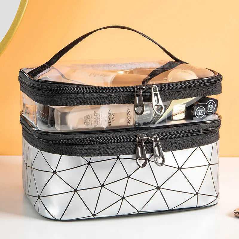 Double-layer Portable Large Capacity Makeup Bag Handheld Travel Waterproof Toiletry Bag Portable Cosmetics Storage Pouch Peaceful Pleasures Health and Wellness Silver