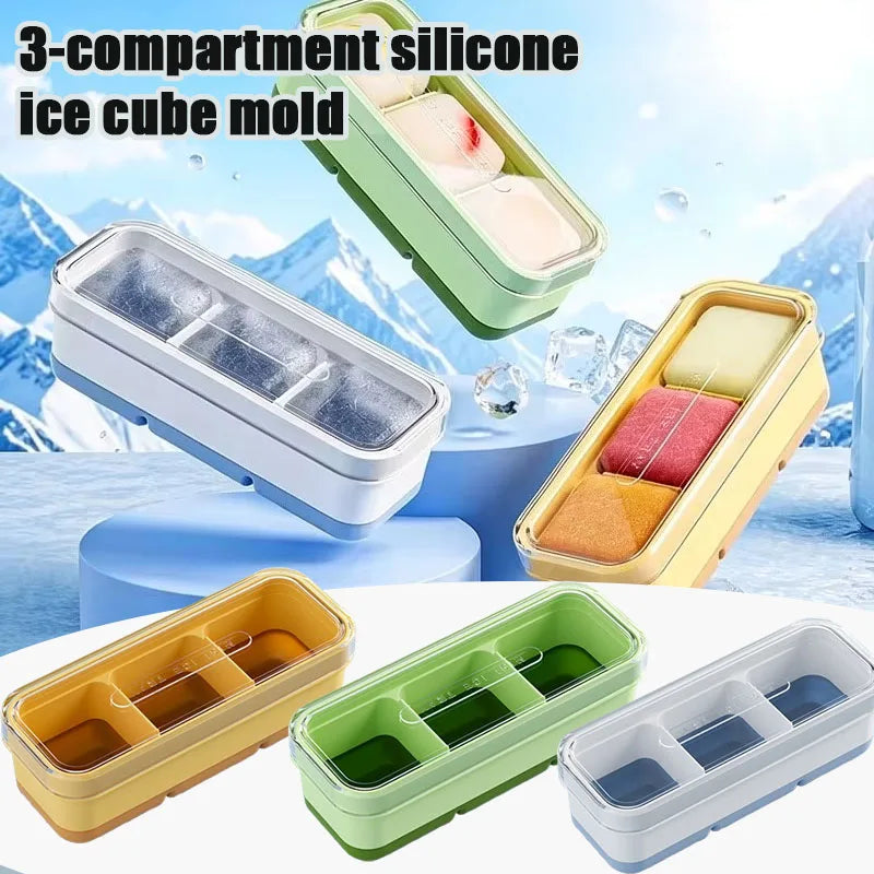 3-Compartment Silicone Ice Cube Tray with Lid – BPA Free