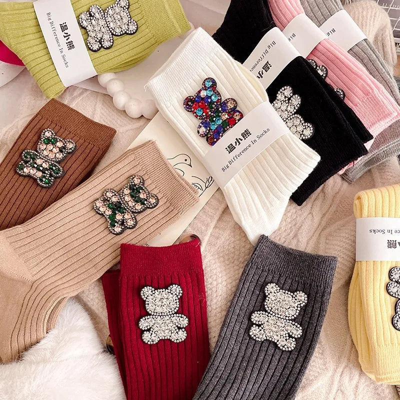 Diamond Cartoon Bear Decorative Socks, Fashionable Diamond Sparkling Women's Socks, Comfortable And Breathable Christmas Socks Peaceful Pleasures Health and Wellness