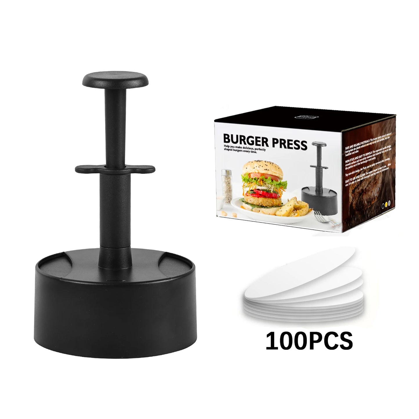 Round Hamburger Meat Pie Press Maker Food Grade Lightweight Manual Hamburger Patty Maker Making Mold Tool Kitchen Supplies Peaceful Pleasures Health and Wellness Black 100 Sheets