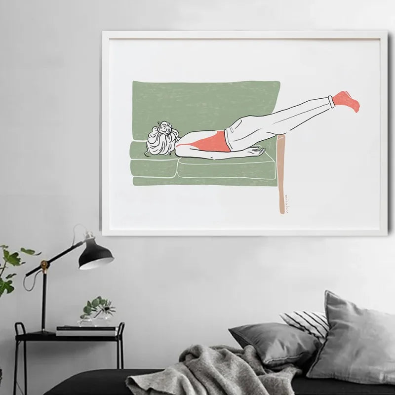 Modern Minimalist Line Girl Illustration Poster Girly Busy Resting Reading Book Canvas Painting Wall Art Living Room Home Dec Peaceful Pleasures Health and Wellness