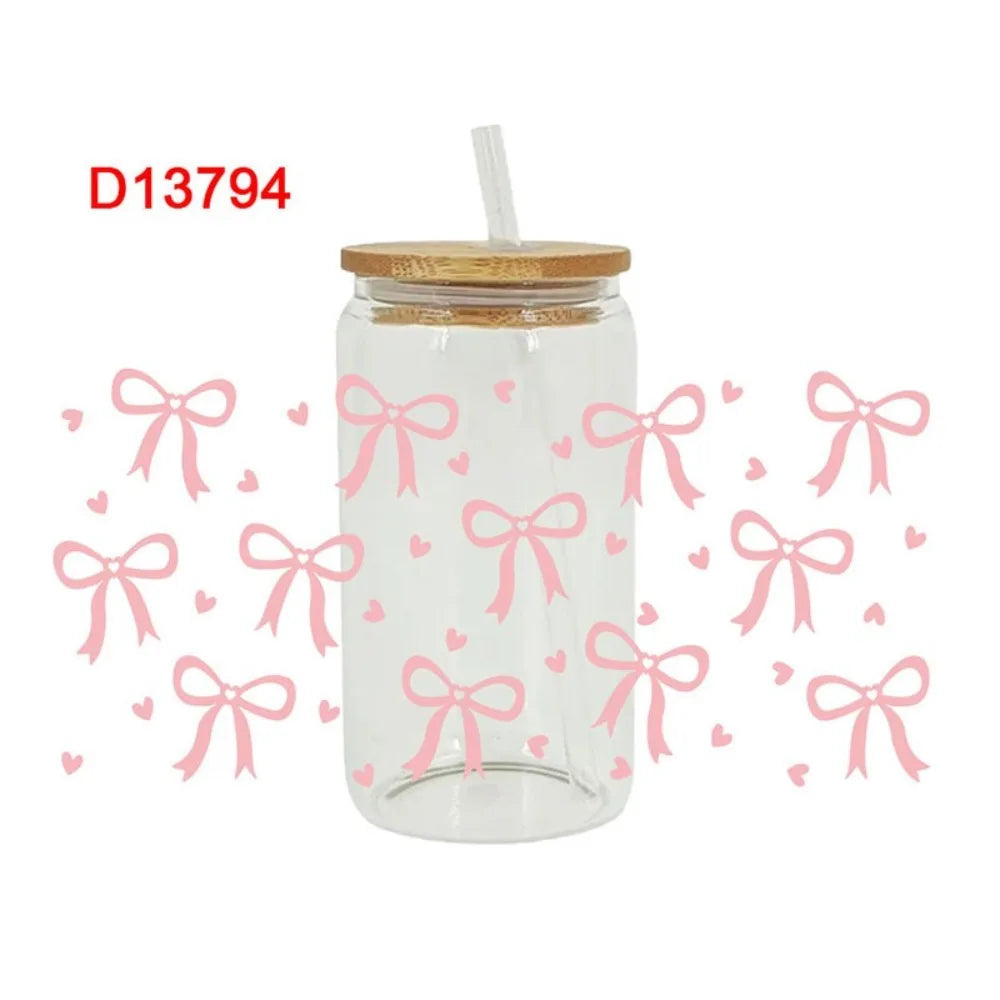 New Waterproof UV DTF Transfer Sticker Clear Smooth Pink Bow Decals Water Bottles Sticker For 16Oz Glass Cup Peaceful Pleasures Health and Wellness 2