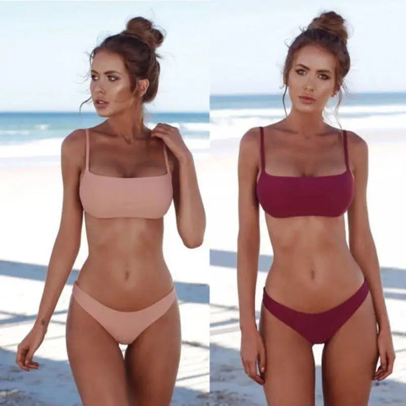 Women's Bikini Solid Two Swimsuit Sexy Spaghetti Strap Beach Swimwear