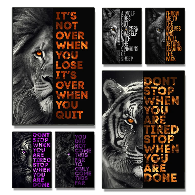 Animal Motivation Quotations Poster Lion Tiger Wolf Leopard Canvas Painting Modern Art Prints Wall Picture for Living Room Decor Peaceful Pleasures Health and Wellness