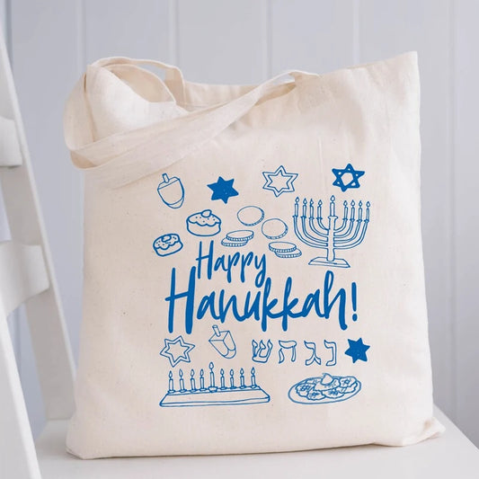 Happy Hanukkah Canvas Tote Bag | Reusable Jewish Holiday Gift Holiday Canvas Tote Bag Peaceful Pleasures Health and Wellness
