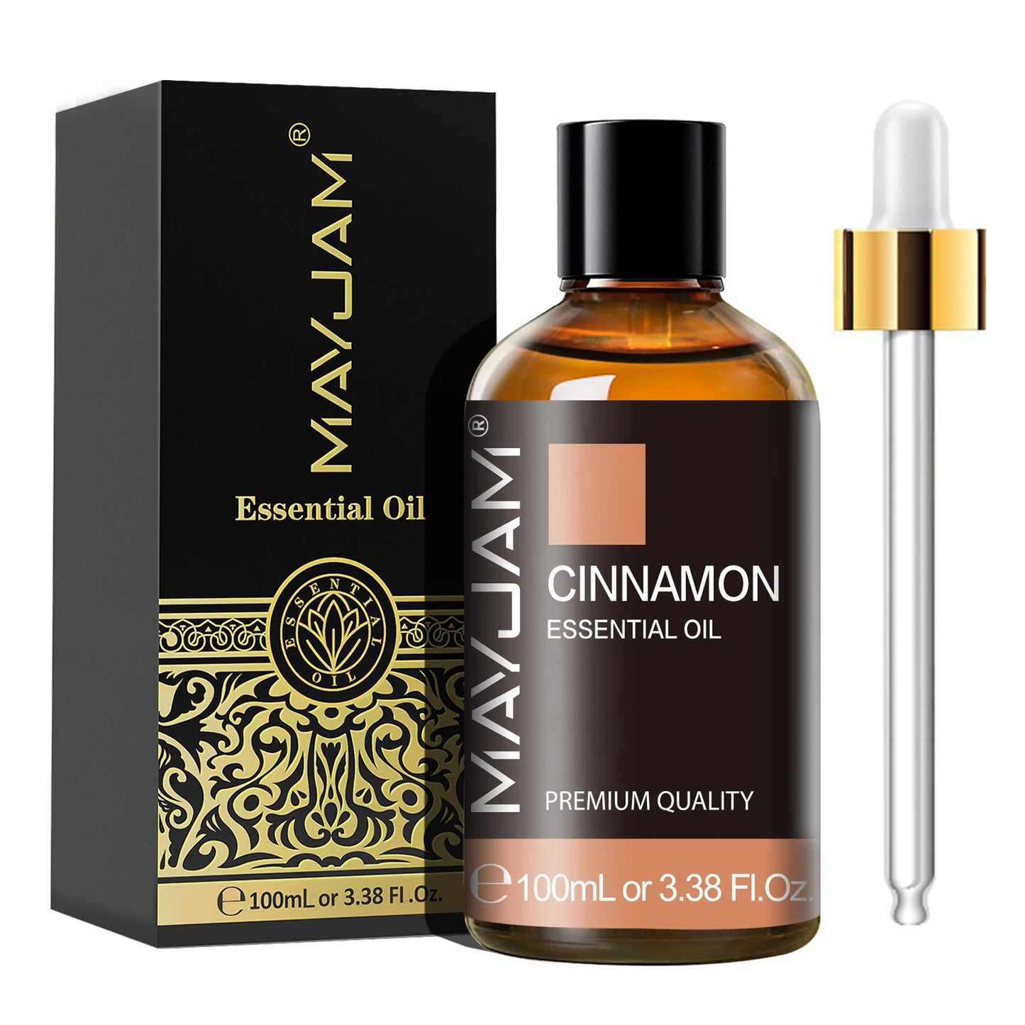 MayJam Cinnamon Essential Oil bottle with dropper and packaging on a white background