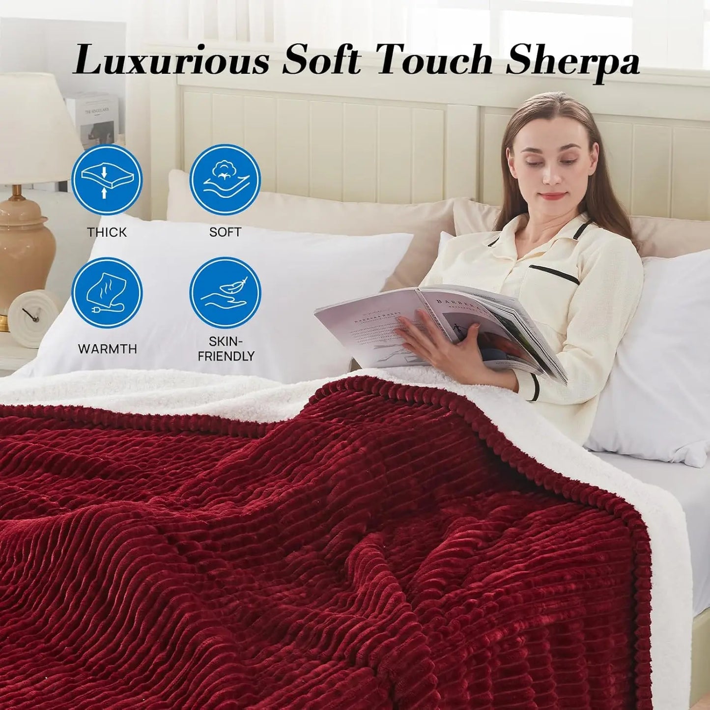 Ribbed Flannel & Sherpa Heated Blanket 62x84" – 10 Levels, Auto Off Peaceful Pleasures Health and Wellness