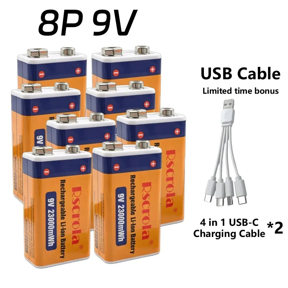 Rscrola 9V USB-C Rechargeable Battery 23600mWh Li-ion Constant Voltage for Guitar Pedal Smoke Detector Multimeter, Long Life Wit Peaceful Pleasures Health and Wellness 8 PCS Batteries 9v