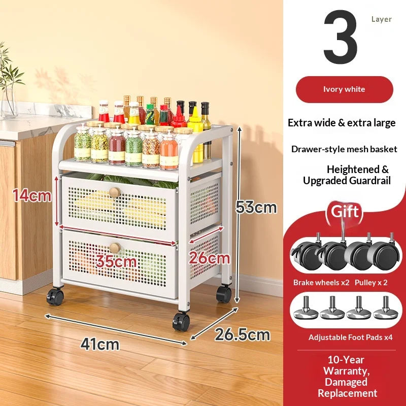 Space Saving Heavy Duty Multi Layer Rolling Fruit Vegetable Basket Storage Cart for Kitchen Floor Standing Organizer Peaceful Pleasures Health and Wellness White 3 Layers