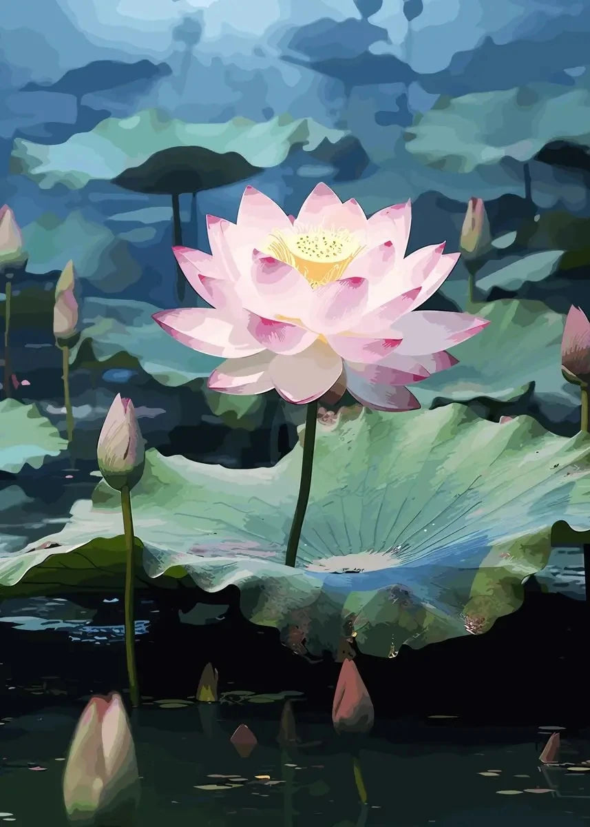 Chinese Lotus Flower Canvas Wall Art Print | Unframed Poster