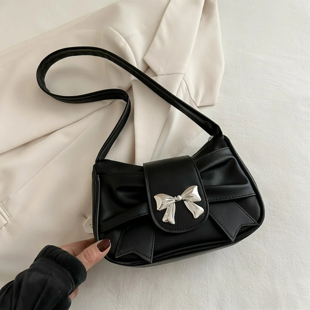 French Bow-Accent Shoulder Bag For Women PU Leather Crossbody Handbag With Elegant Design Peaceful Pleasures Health and Wellness