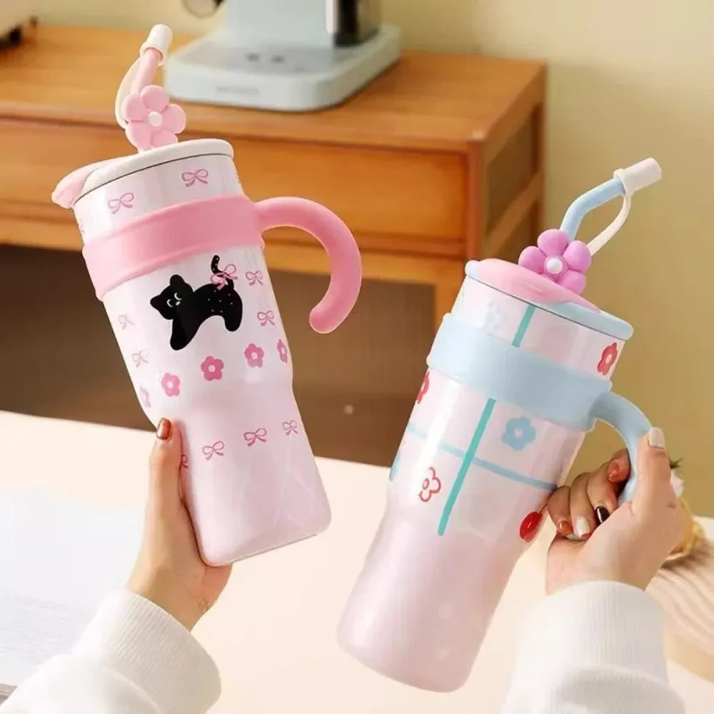 Tumbler with Handle Lid Straw Cute Cat Thermos Cup Stainless Steel Water Bottle Outdoor Travel Coffee Mug Gift Large Capacity Peaceful Pleasures Health and Wellness