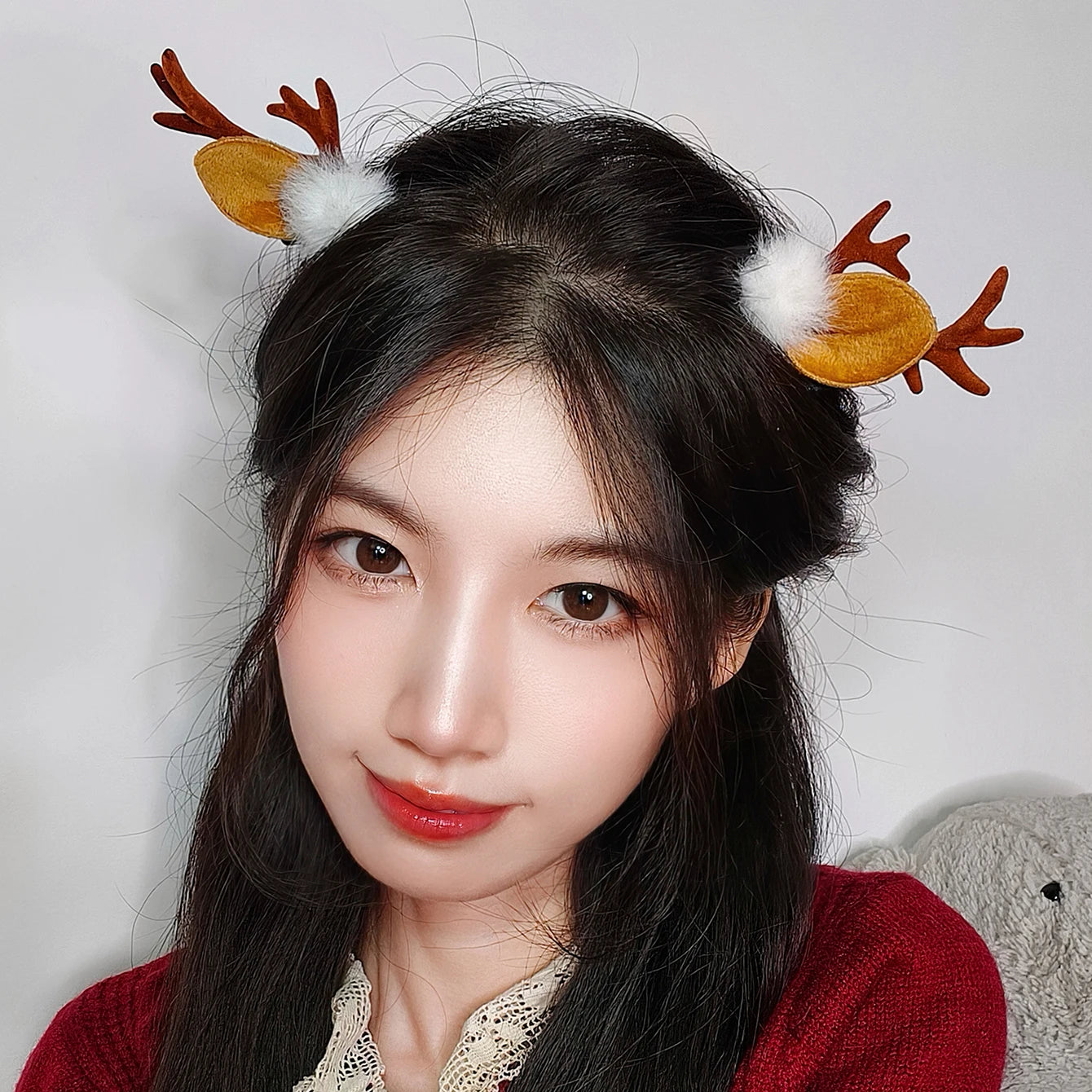 Festive Deer Antlers Hair Clips with Fluffy Pom-Poms Peaceful Pleasures Health and Wellness