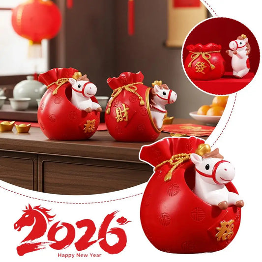 New Year of the Horse Zodiac Resin Ornament - Bag Money Theme Home Decoration New Year Annual Party Gift Craft Accessory Peaceful Pleasures Health and Wellness