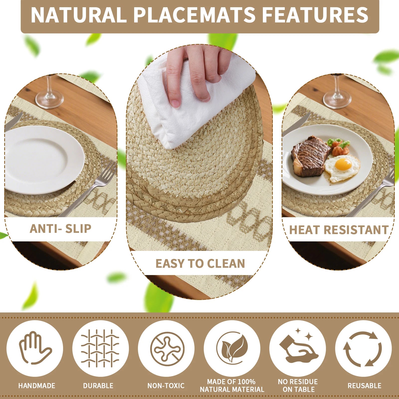 Boho Dining Table Mats Set of 6 Woven Placemats for Family Dinner Kitchen Table Decor Natural Round Eco-Friendly Placemats Peaceful Pleasures Health and Wellness