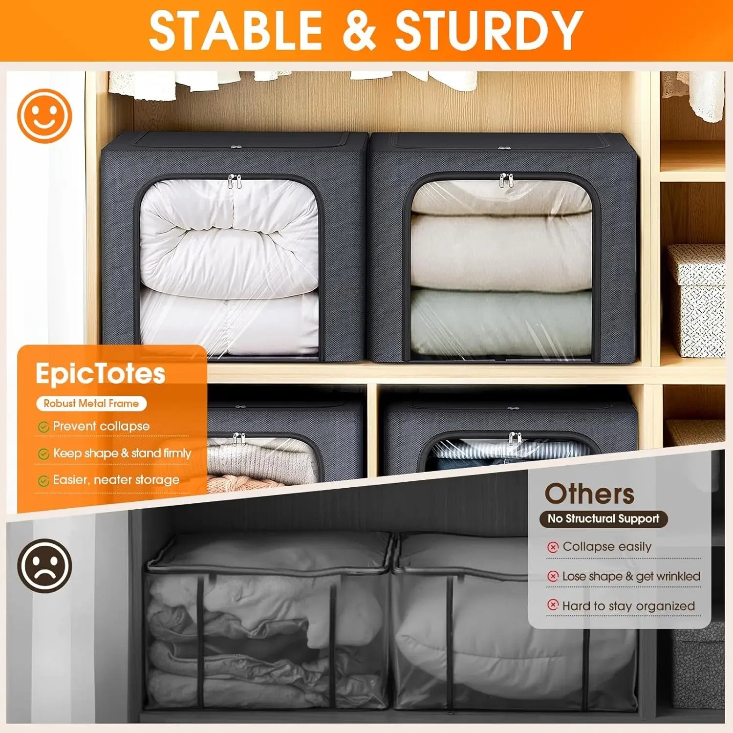 4-Pack Foldable Storage Bins with Metal Frame, 40L Clear Window Boxes, Top & Front Zippers for Closet Bedroom Organization Peaceful Pleasures Health and Wellness