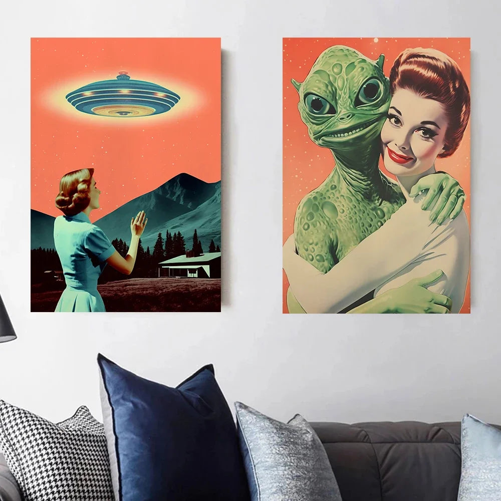 UFO Alien Cow Abduction Canvas Print | Retro Sci-Fi Wall Art Canvas Wall Art Print Peaceful Pleasures Health and Wellness