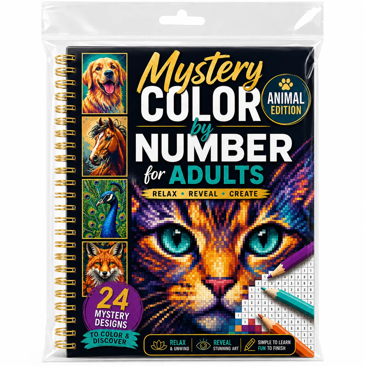Mystery Number Adults A4 Spiral Coloring Book Animal Edition 24